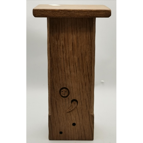 147 - Nigel Dixon, a Woodworm man oak clock, tall rectangular with flat square top; together with an ashtr... 