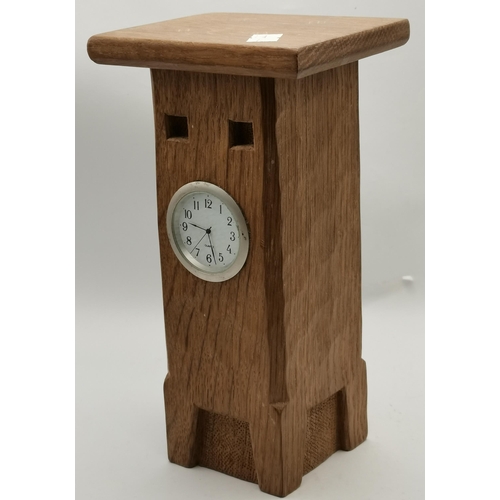 147 - Nigel Dixon, a Woodworm man oak clock, tall rectangular with flat square top; together with an ashtr... 