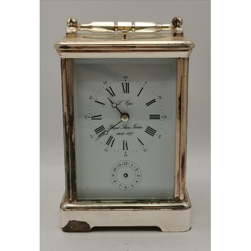 18 - Silver plated Carriage Clock with box and key - for Silver Jubilee 1952 - 1977 - H13cm A/F