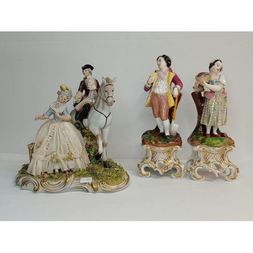 25 - A Pair of Porcelain Spill Vases, Male and Female figures plus Italian 'San Marco' Porcelain Figure G... 