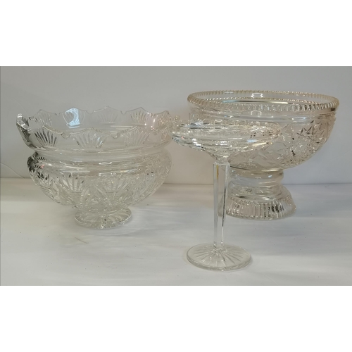 27 - Three antique cut glass dishes/bowls comprising a substantial pedestal bowl, probably Irish, (a/f); ... 