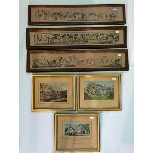 30 - A trio of Victorian coaching prints, hand-coloured, numbered 1 & 2, 4, and 6 & 7, framed, (one frame... 