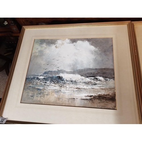 32 - Framed Signed Painting of Runswick Bay by R.L Howey 1975 - (glass in frame missing) 63cm x 56cm (fra... 