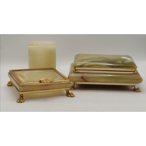 4 - A gilt metal-mounted green onyx table casket and ashtray, together with a cube tealight holder. (3) ... 