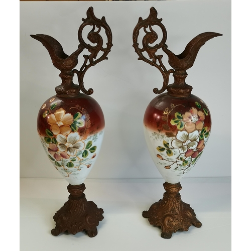 60 - A Pair of Victorian Mantle Ewer Vases Hand painted with flower design - H49cm