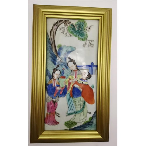 61 - A Pair of Framed Chinese Porcelain plaques W13cm x H26cm (plaque size)