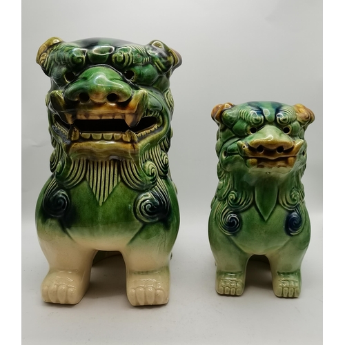 9 - Vintage pair of green and blue ceramic Foo dog figurines H25cm and 20cm