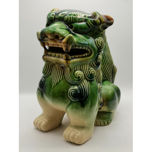 9 - Vintage pair of green and blue ceramic Foo dog figurines H25cm and 20cm