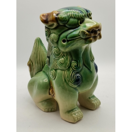 9 - Vintage pair of green and blue ceramic Foo dog figurines H25cm and 20cm