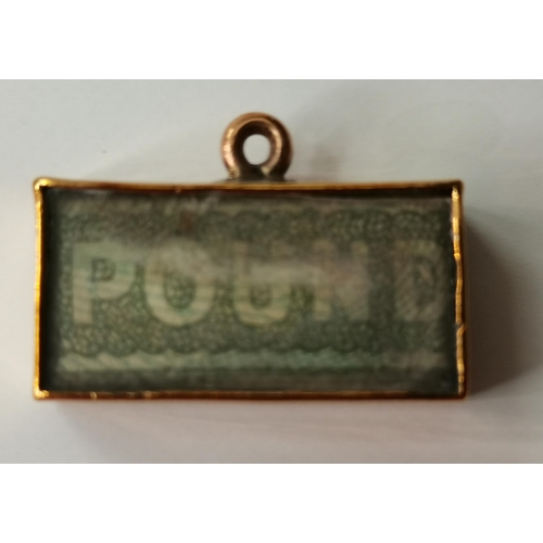 343 - A 9ct gold One Pound pendant, the oblong pendant with glazed front, containing a folded One Pound no... 