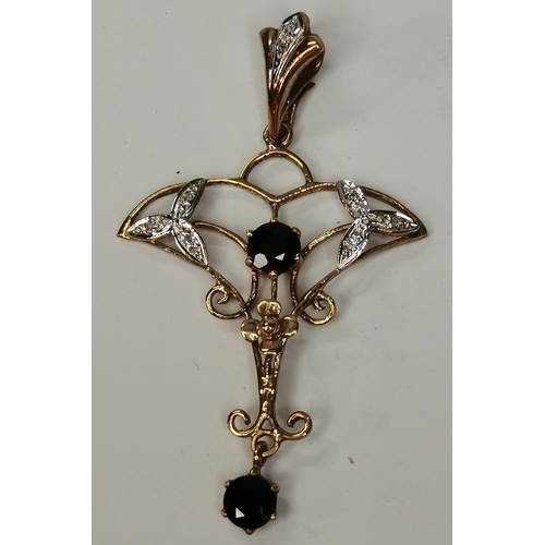 347 - A 9ct gold pendant with diamond and saphirre stones