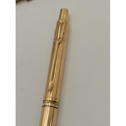 350A - Six Parker ball point pens, five marked 'Rolled Gold'. (6)