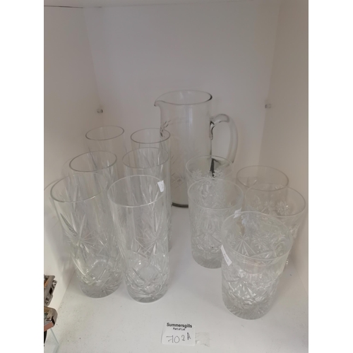 702a - Cut Glass jug and 11 tumblers