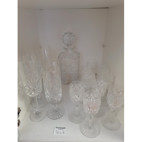 702b - Cut glass decanter plus champagen flutes and sherry glasses