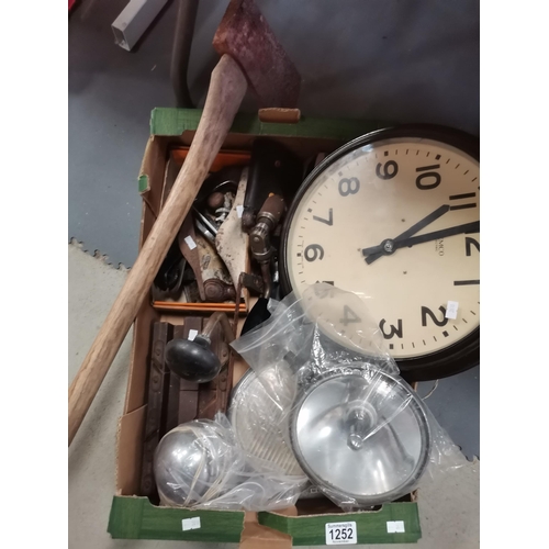 1252 - Box of vintage items incl wall clock, axe, car lamps, tools etc