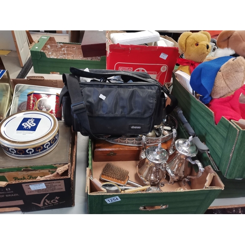 1254 - 3 x boxes misc. incl Harrods Teddy bears, Paddington, silver plated items, video recorder, Vintage C... 