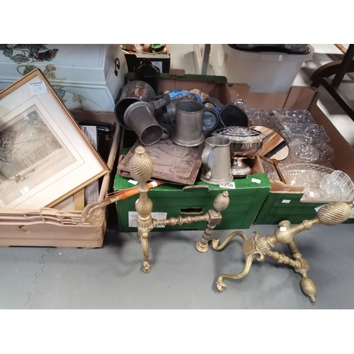 1256 - 3 x boxes misc. plus firescreen, mirrors, fireside items, pewter, cut glass etc