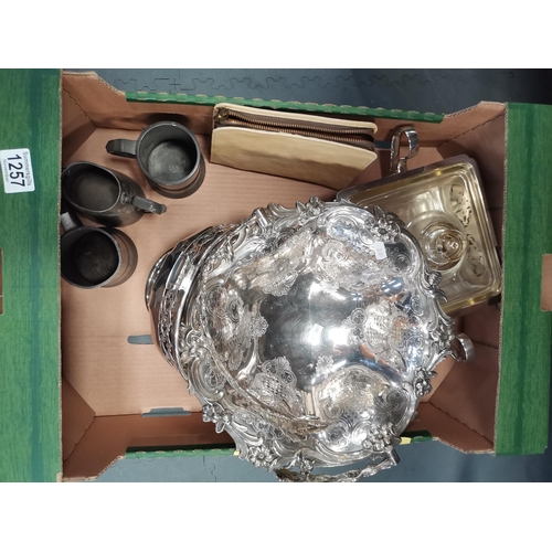 1257 - 1 box plated items and pewter cups