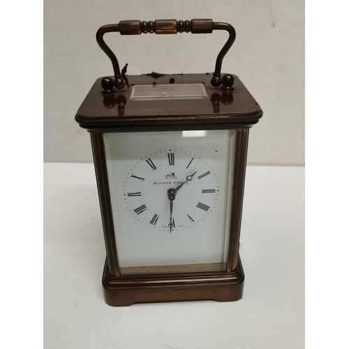 16 - A Matthew Norman Carriage Clock in Brass with box and key - H13.5cm