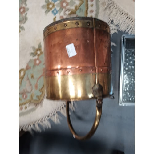 1093a - Arts and crafts style brass and copper coal bucket and a mid century coloured stain glass panel/ win... 