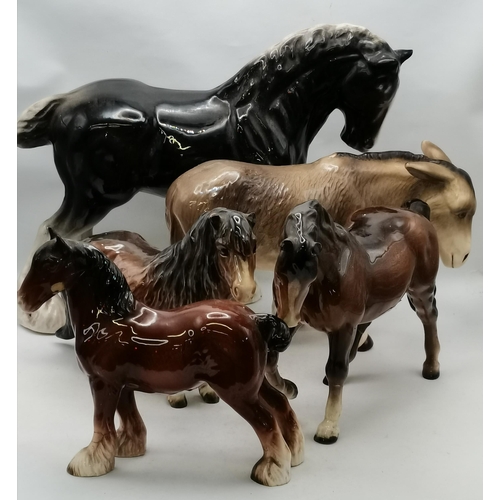 121 - 2 x Beswick horse figures, 2 un-marked horse figures plus Donkey