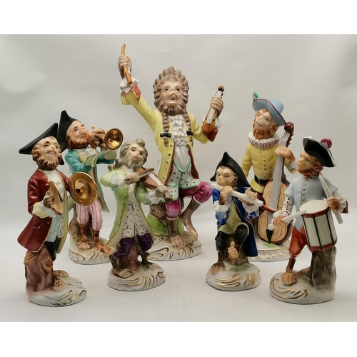 132 - Seven piece Monkey band figures C1950s.  No factory marks but probable Sitzendorf, beautifully paint... 