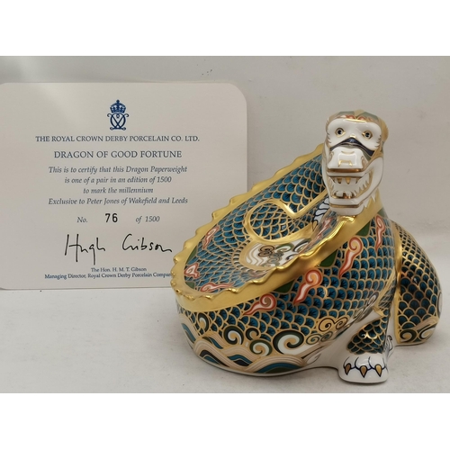 135 - Royal Crown Derby Paperweights - Dragon of Happiness and Dragon of Good Fortune Limited Editions 76 ... 