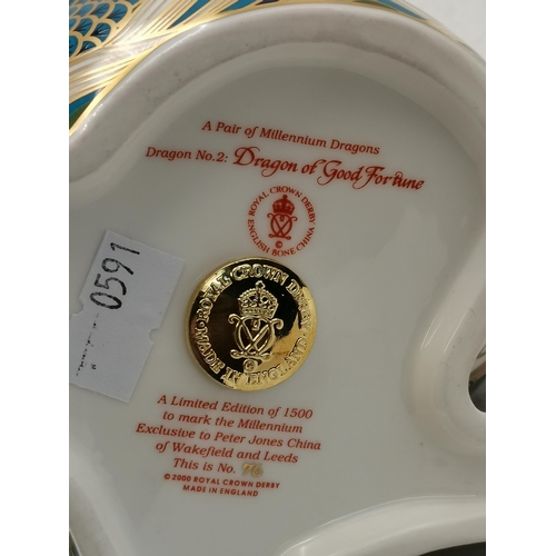 135 - Royal Crown Derby Paperweights - Dragon of Happiness and Dragon of Good Fortune Limited Editions 76 ... 