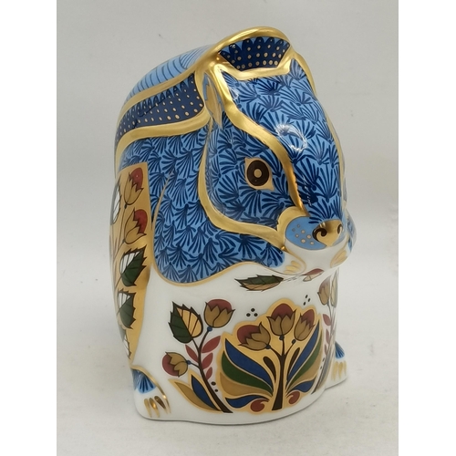 137 - Royal Crown Derby Paperweight - Debenhams Squirrel (Blue) Ltd Ed for Debenhams Stores with Gold Stop... 