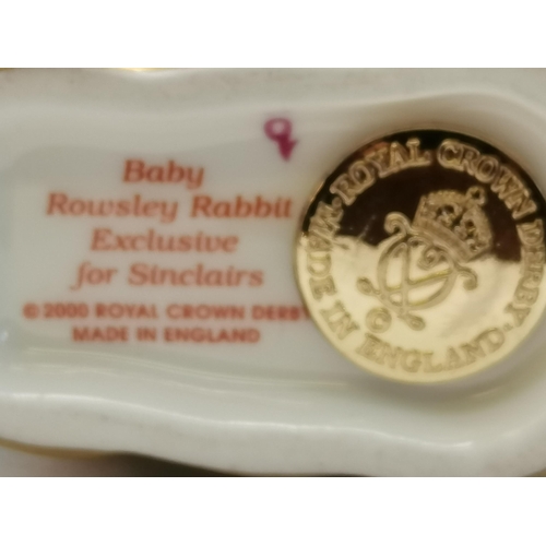 141 - Crown Derby Baby Rowsey Rabbit special edition for Sinclairs - Gold Stopper and original Box
