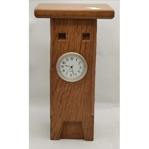 146 - Nigel Dixon, a Woodworm man oak clock, tall rectangular with flat square top; together with an ashtr... 