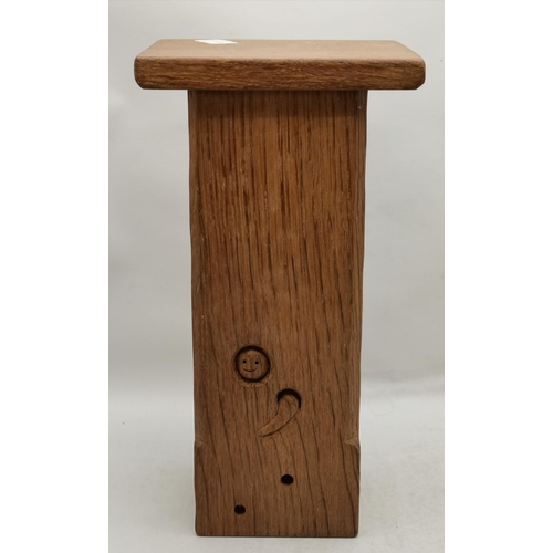 146 - Nigel Dixon, a Woodworm man oak clock, tall rectangular with flat square top; together with an ashtr... 