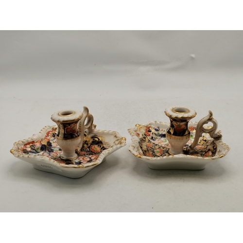 167 - Royal Crown Derby Imari coffee Cup and Saucer plus a pair of Early 19th century Tapering sticks both... 