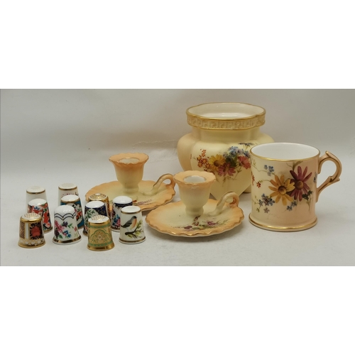 174 - Royal Worcester Items including  Vase No 1907, Mini mug with flowers painted (both green book stamps... 