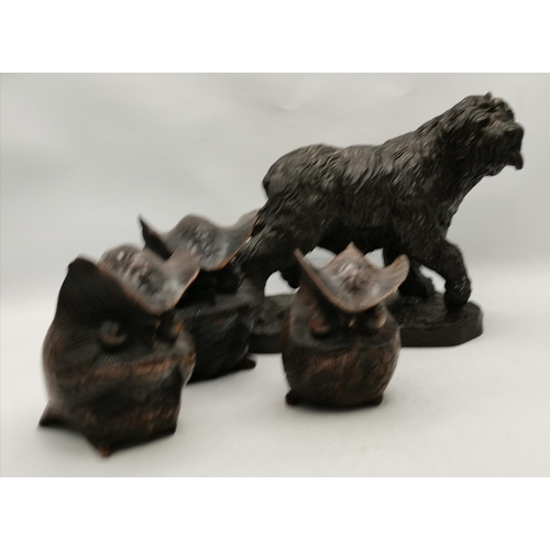 19 - x3 vintage hand Carved Ironwood owls plus cold cast bronze of Old English Shepherd dog signed J Spou... 