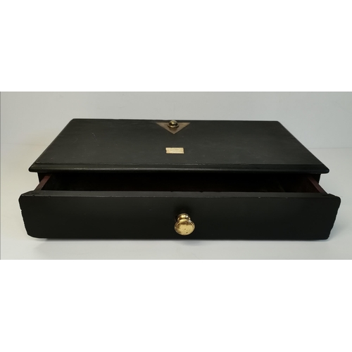 194 - A black-painted wooden cash box with single drawer; together with two etchings, 19th Century, depict... 