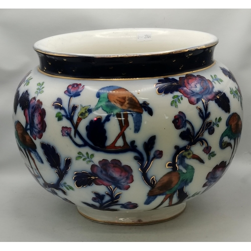 33 - Large Porcelain Jardinière - painted with pink Roses and colourful Storks D23.5cm x H23cm