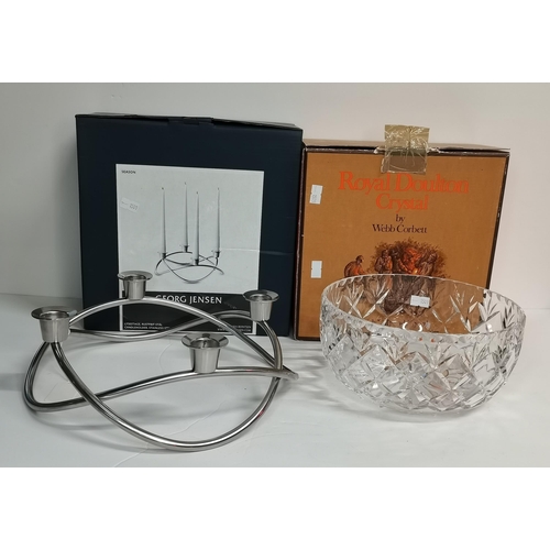 36 - Georg Jensen Lysestage, Rustfrit Stal candleholder plus Royal Doulton Crystal Bowl both with boxes