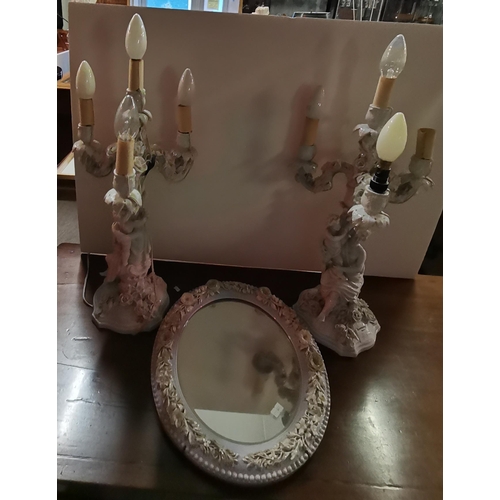 38 - A Pair of Meissen candelabra lights with women holding child design  plus Antique Meissen Oval Table... 