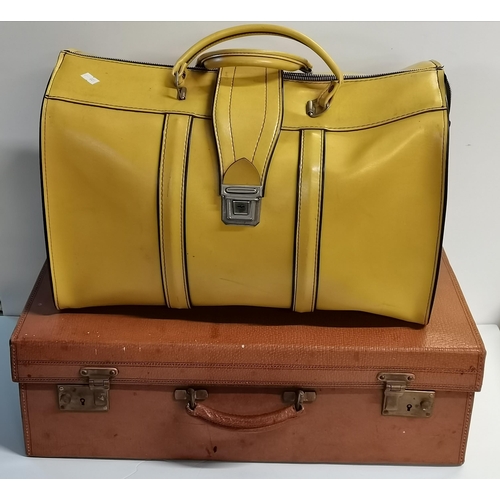 54 - Antique brown leather Finnigans of Bond Street quality Suitcase  W58cm x D38cm x H19cm plus Yellow L... 