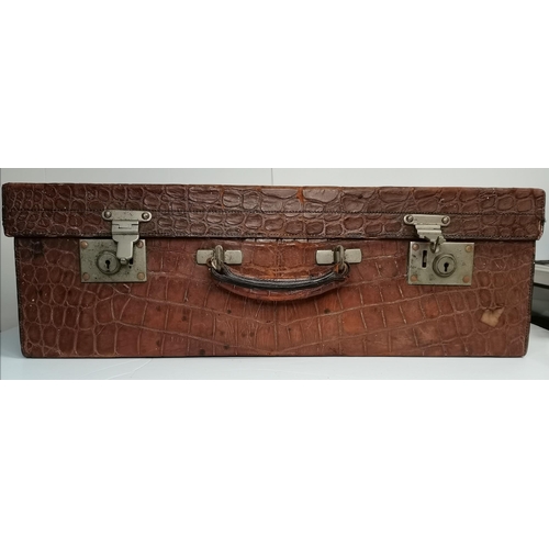 54a - Antique Crocodile leather dressing case with green fabric interior W62cm x H20cm x D41cm