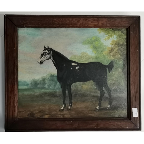 61 - Antique Painting of Horse on board signed bottom left AS plus Antique Oval print 'Angling'