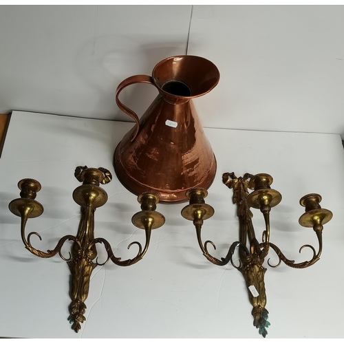 63 - Vintage Antique Gallon Copper Jug plus a Pair of French 3 armed Brass Wall Sconce