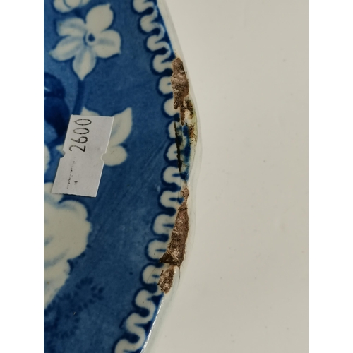 66 - Antique Large Blue and White transfer printed meat platter circa 1825. decorated with a title view o... 