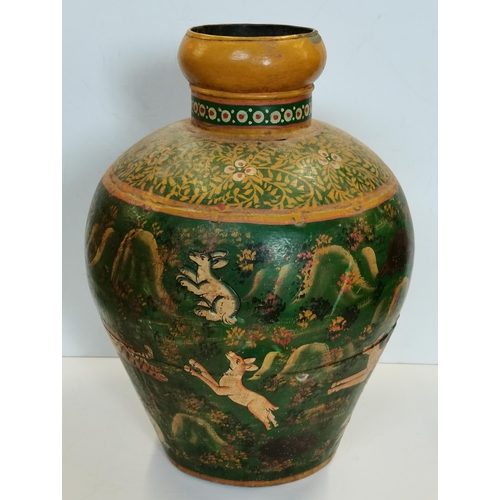 85 - Painted metal toleware urn decocated with animals and flowers in yellow and green 47cm Ht