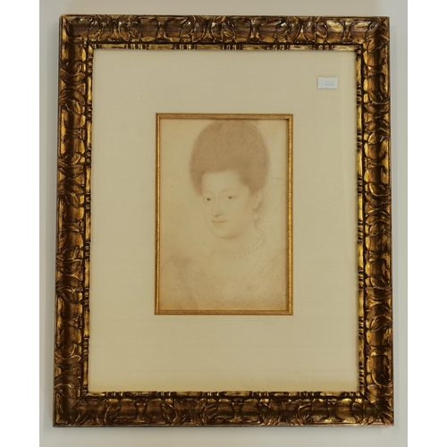 88 - Pencil portrait of an Elizabethan lady, a print, framed. 21cm by 14cm, frame 45cm by 36.5cm