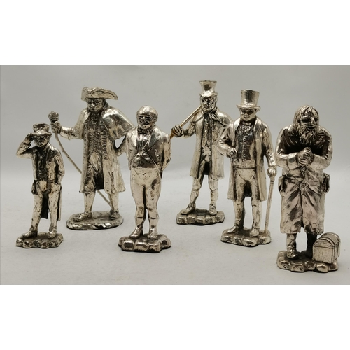 307 - A set of six chromed metal Dickensian figures, together with a silver-plated mustard and twin-handle... 