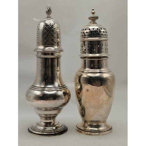 328 - Two silver sugar casters, Victorian and later, the first by Hilliard & Thomason, Birmingham 1889, ba... 