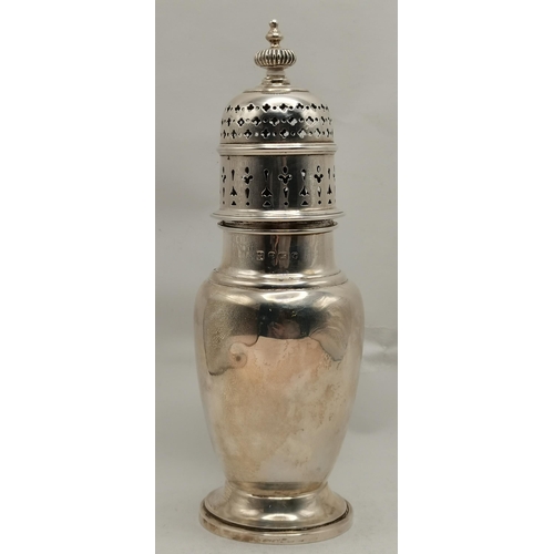 328 - Two silver sugar casters, Victorian and later, the first by Hilliard & Thomason, Birmingham 1889, ba... 