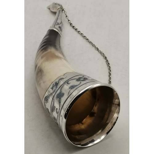 356 - A Russian silver and niello mounted ceremonial drinking horn, 20th Century, with post-1958 mark '*87... 